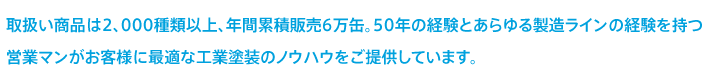 取扱い商品は2,000種類以上、年間累積販売6万缶。50年の経験とあらゆる製造ラインの経験を持つ営業マンがお客様に最適な工業塗装のノウハウをご提供しています。